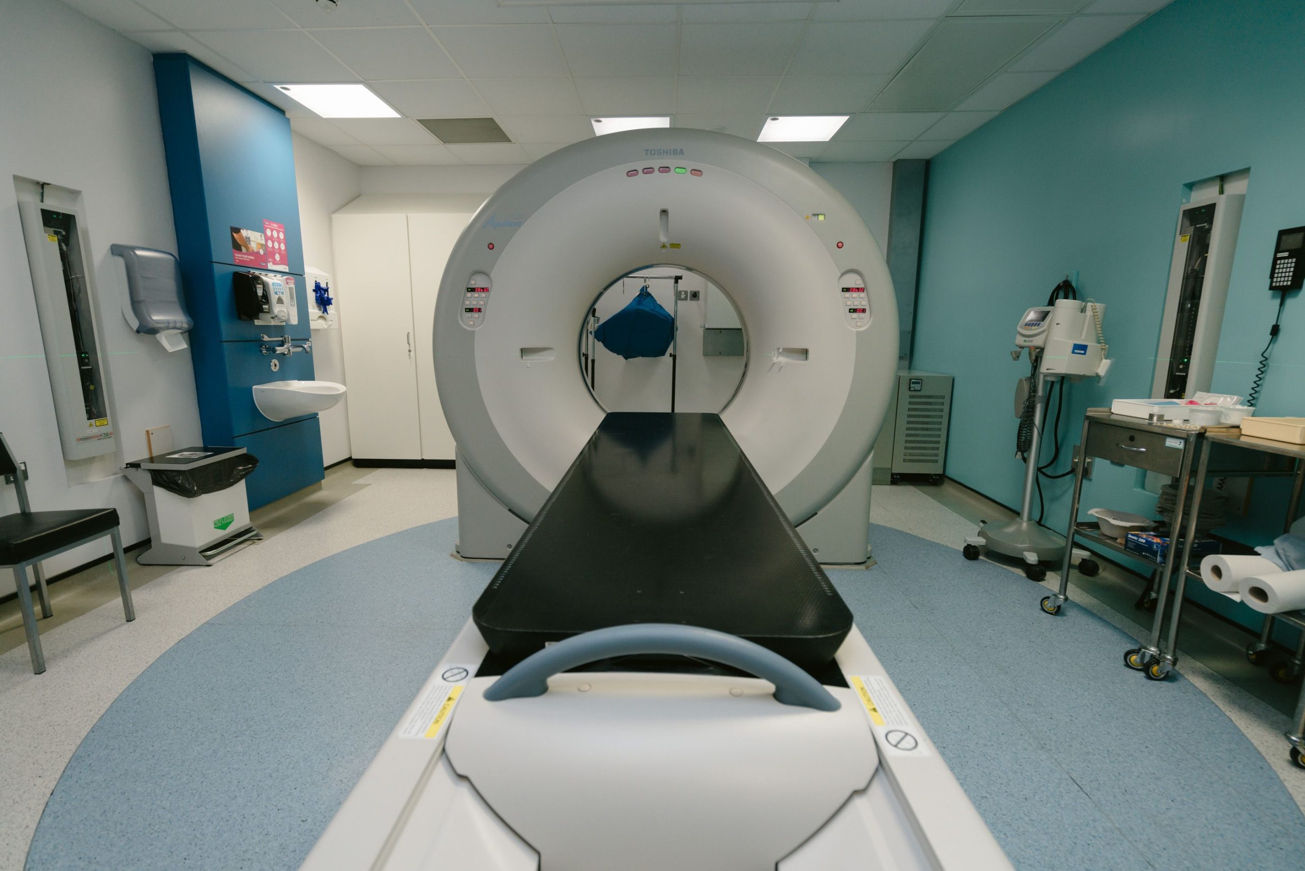 Empty diagnostic imaging suite with a scanner ready for use