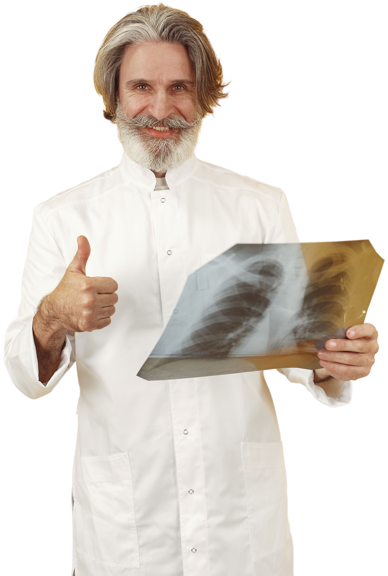 Smiling healthcare professional in a white coat holding a chest radiograph and giving a thumbs up.